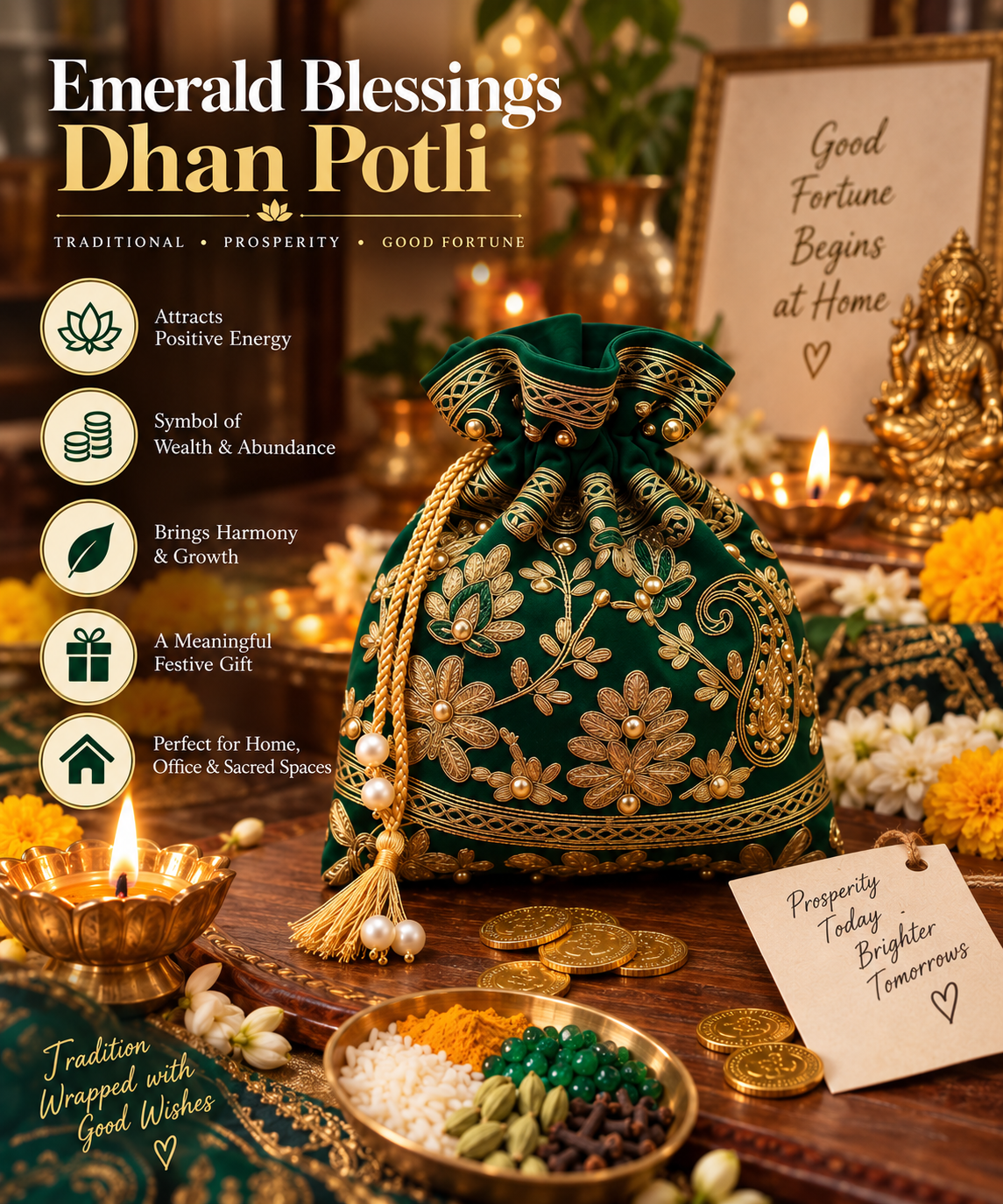 Emerald Blessings Dhan Potli | Prosperity, Wealth & Good Luck