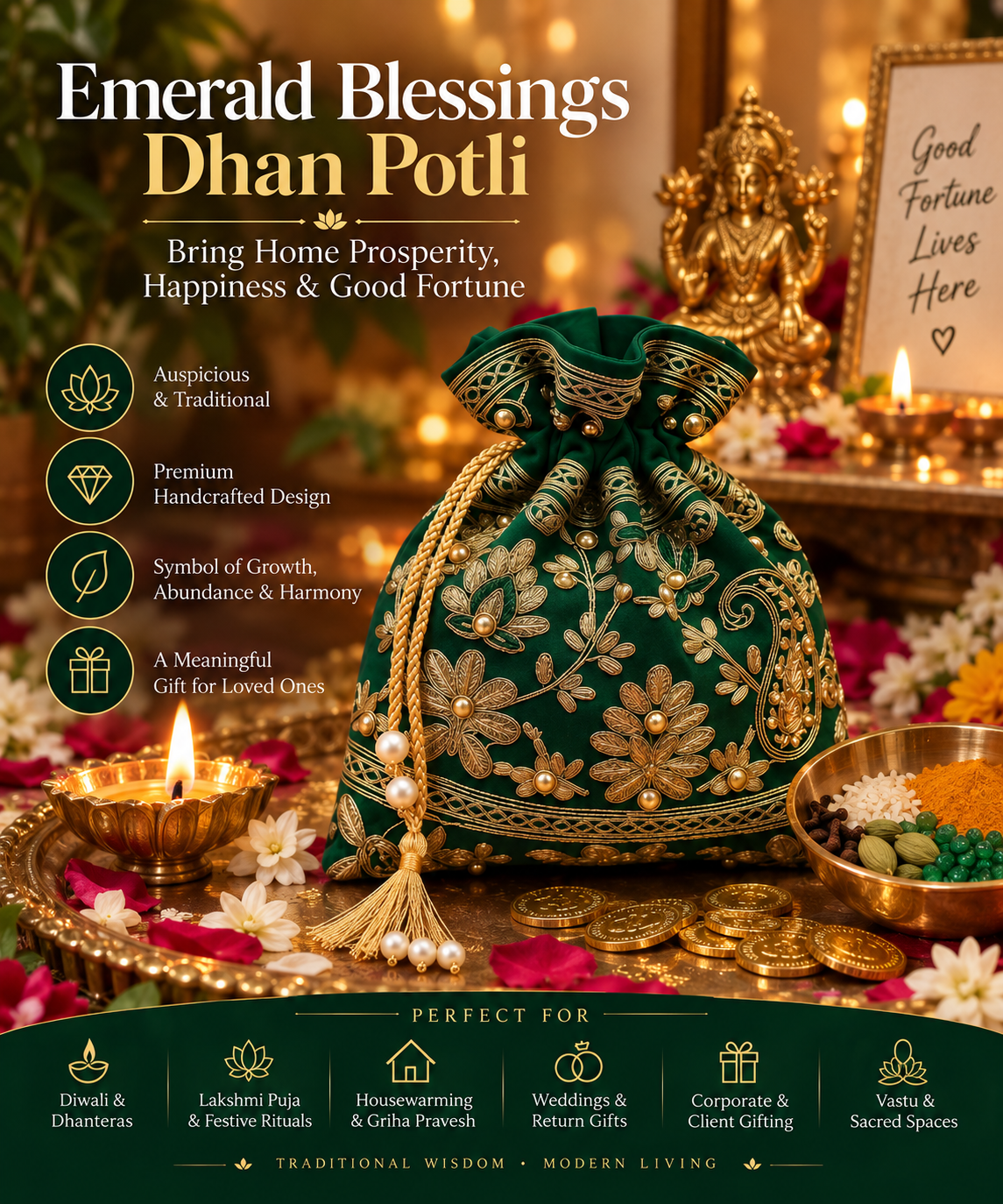 Emerald Blessings Dhan Potli | Prosperity, Wealth & Good Luck
