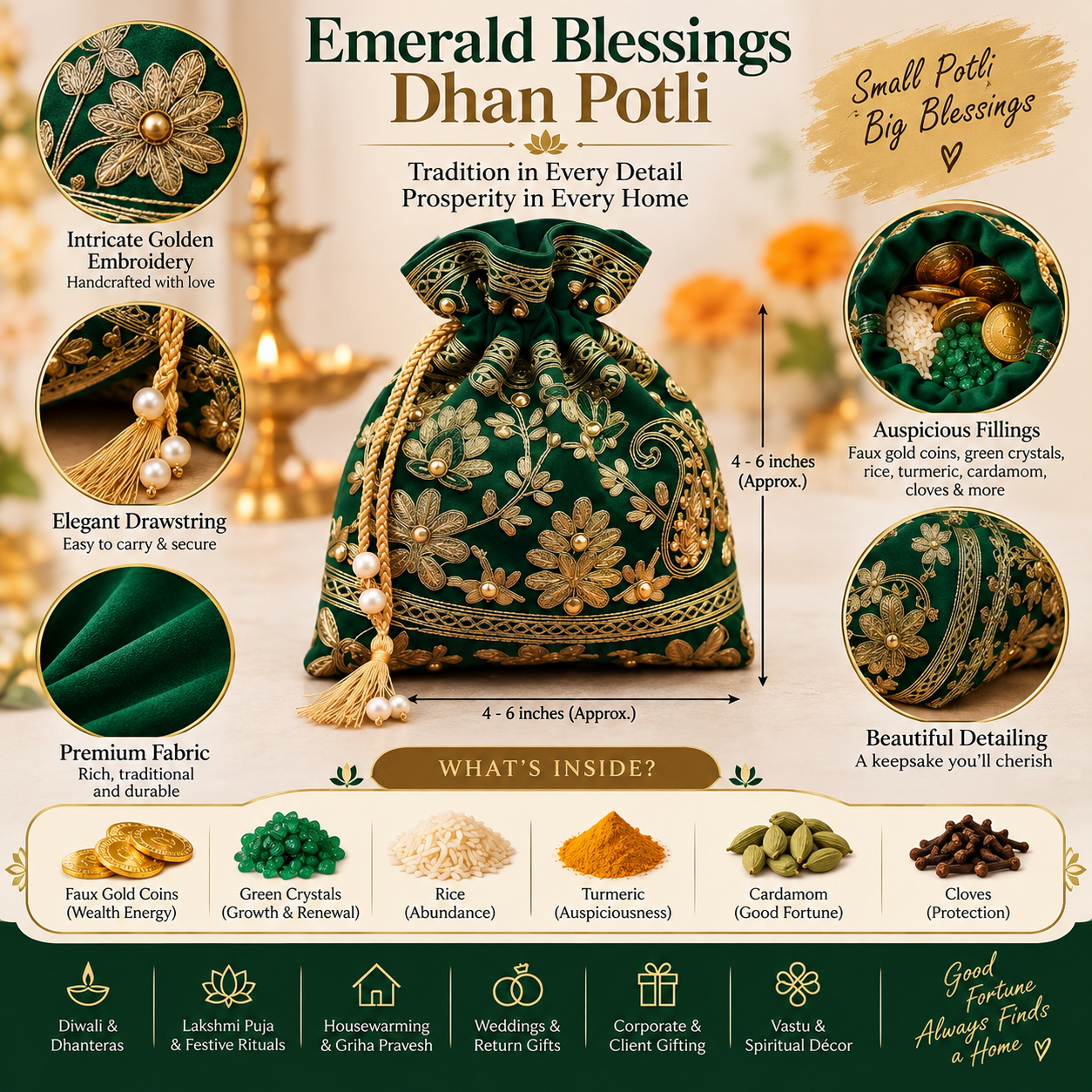 Emerald Blessings Dhan Potli | Prosperity, Wealth & Good Luck