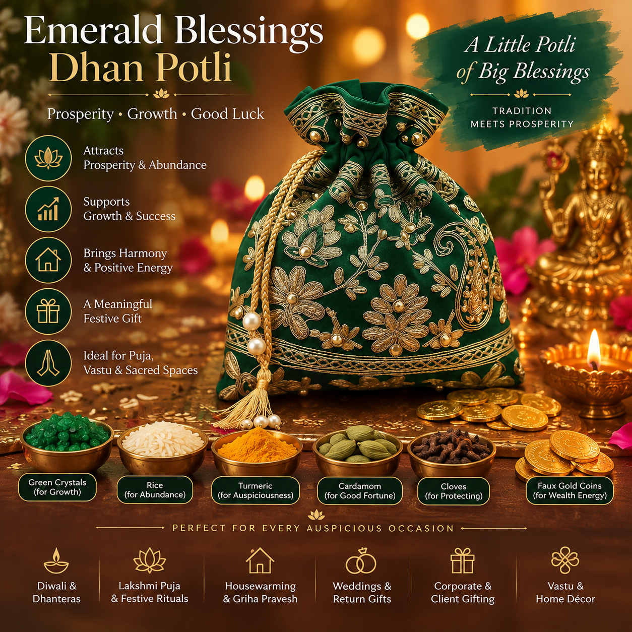 Emerald Blessings Dhan Potli | Prosperity, Wealth & Good Luck