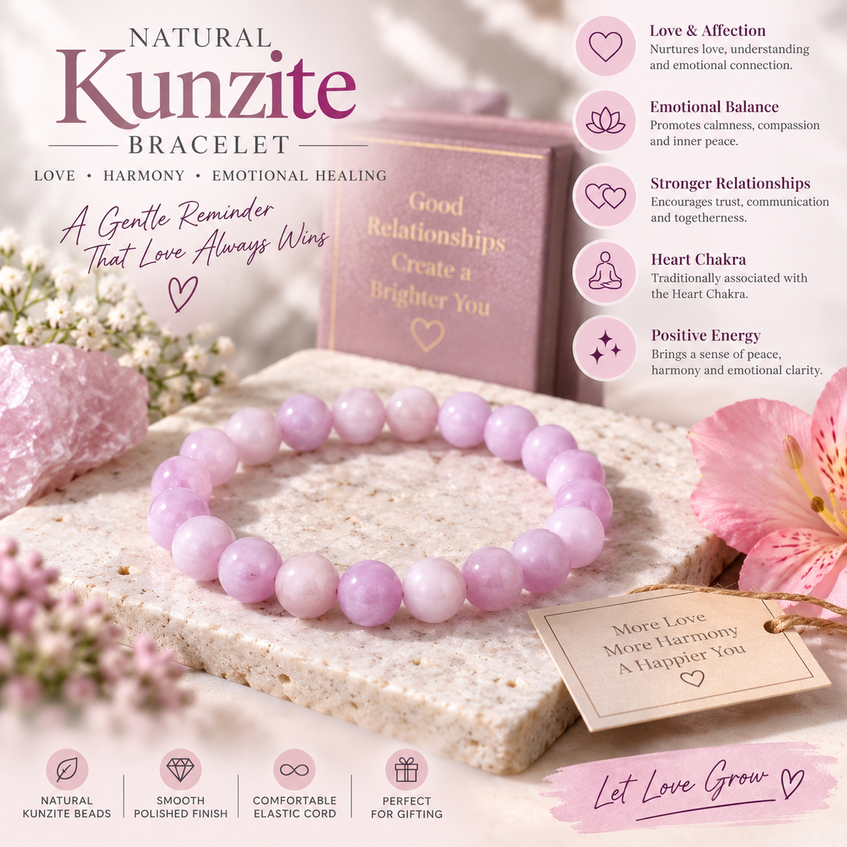 Natural Kunzite Bracelet – Love, Emotional Healing & Relationship Harmony