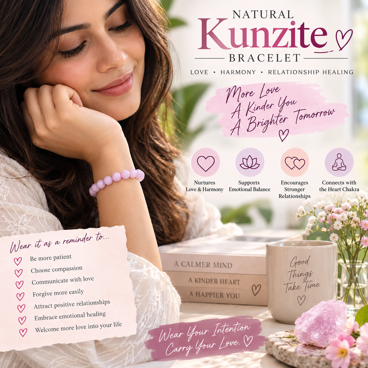Natural Kunzite Bracelet – Love, Emotional Healing & Relationship Harmony