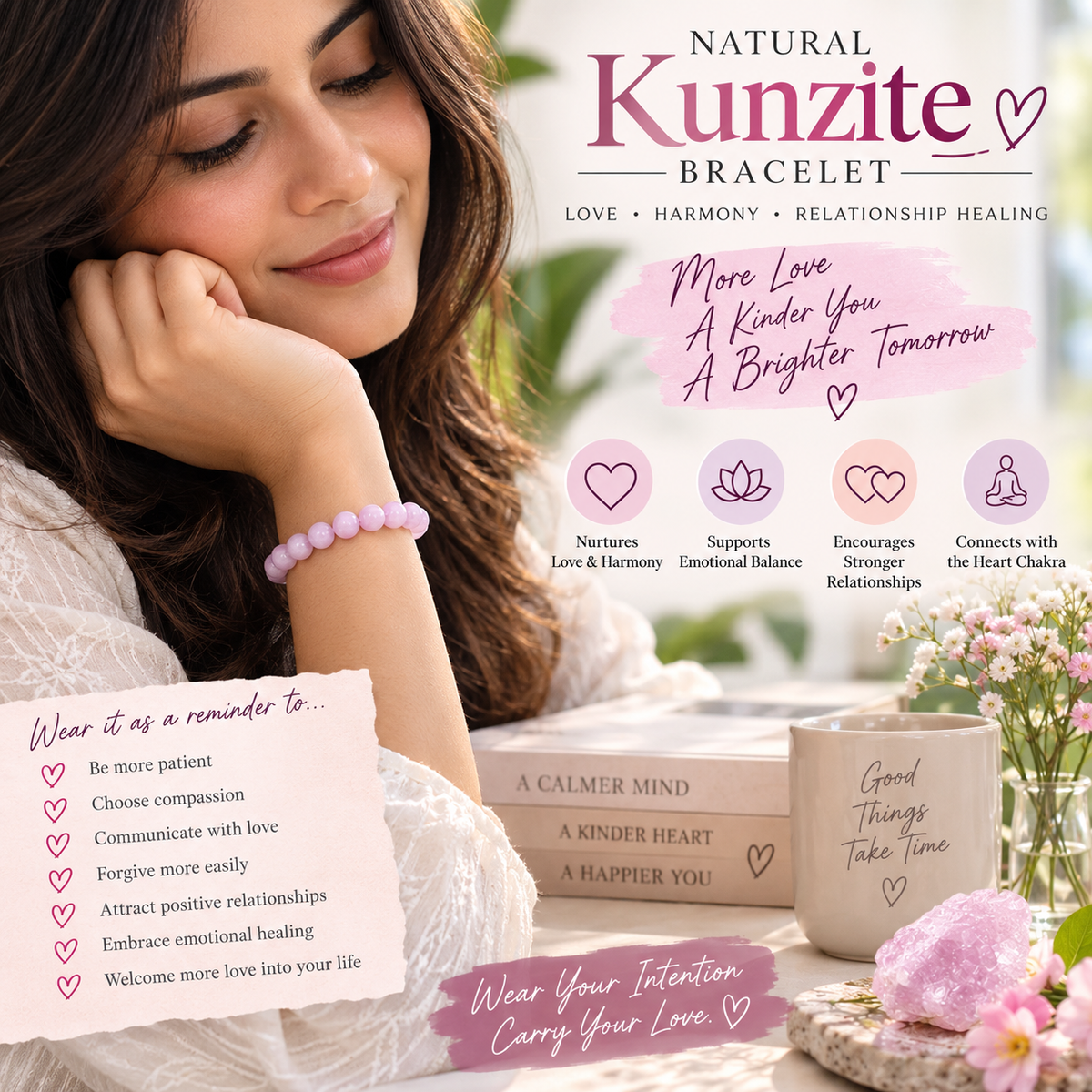 Natural Kunzite Bracelet – Love, Emotional Healing & Relationship Harmony