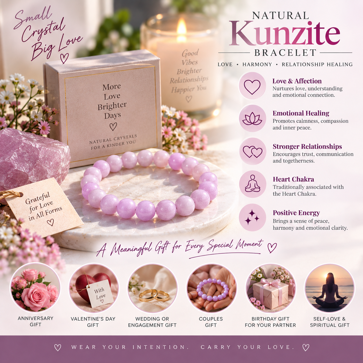 Natural Kunzite Bracelet – Love, Emotional Healing & Relationship Harmony