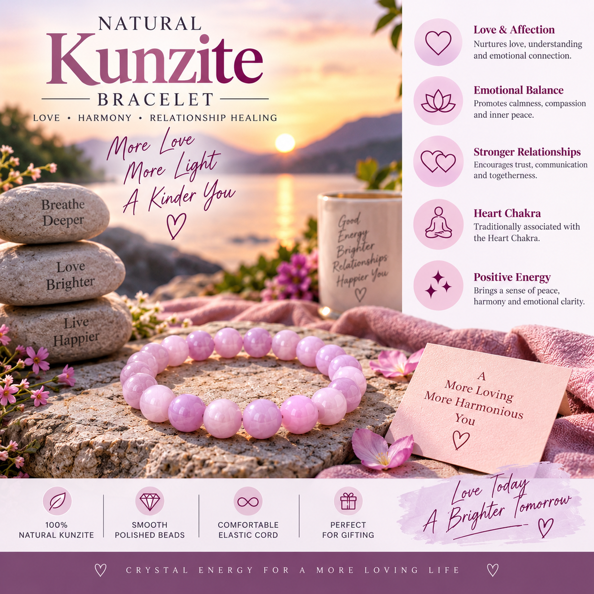 Natural Kunzite Bracelet – Love, Emotional Healing & Relationship Harmony