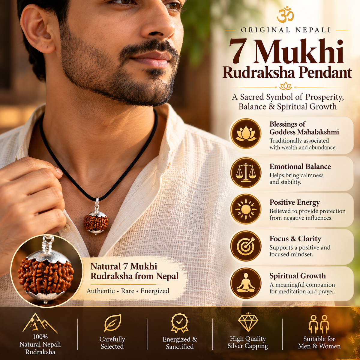 Original Nepali 7 Mukhi Rudraksha Pendant – Natural, Energized & Sacred