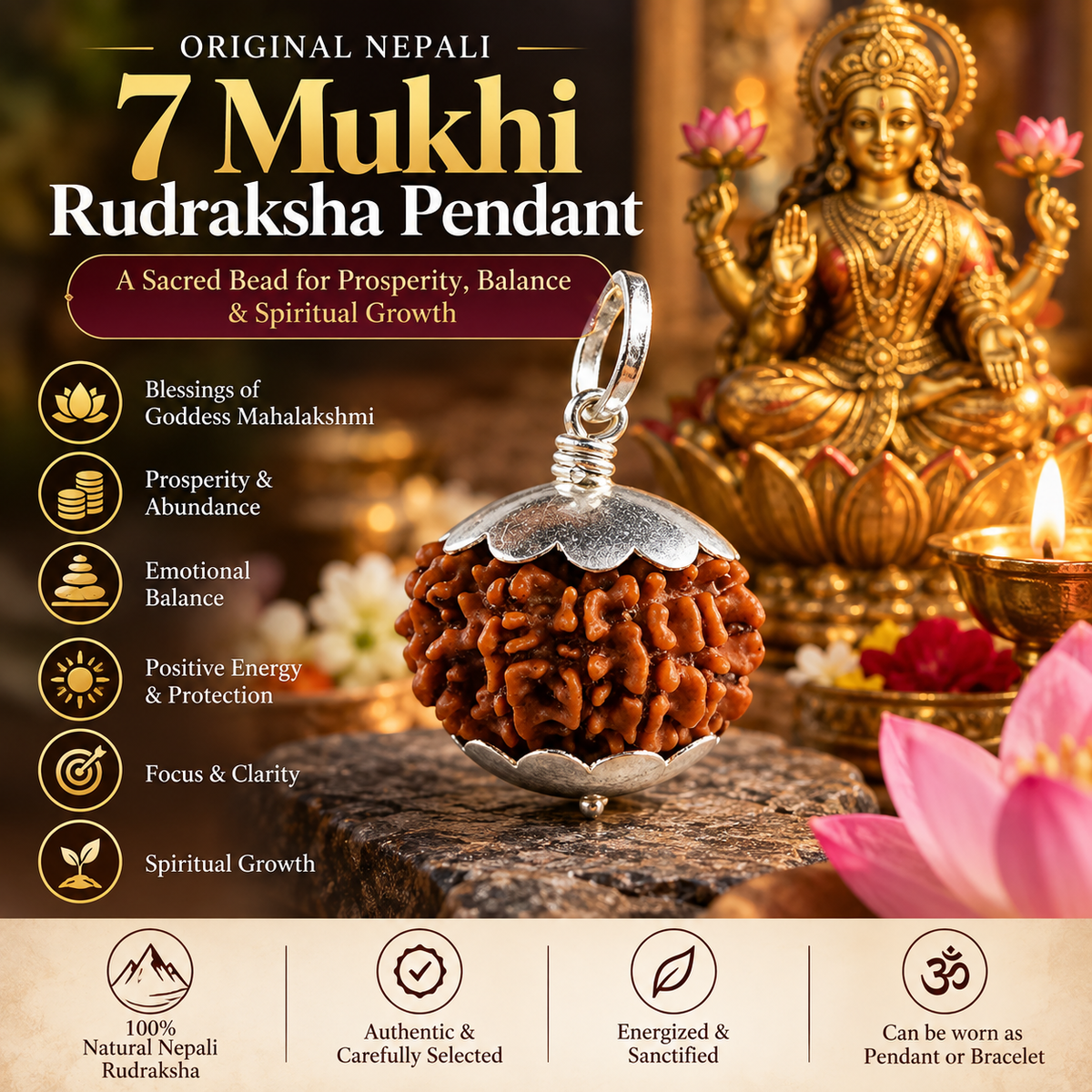 Original Nepali 7 Mukhi Rudraksha Pendant – Natural, Energized & Sacred