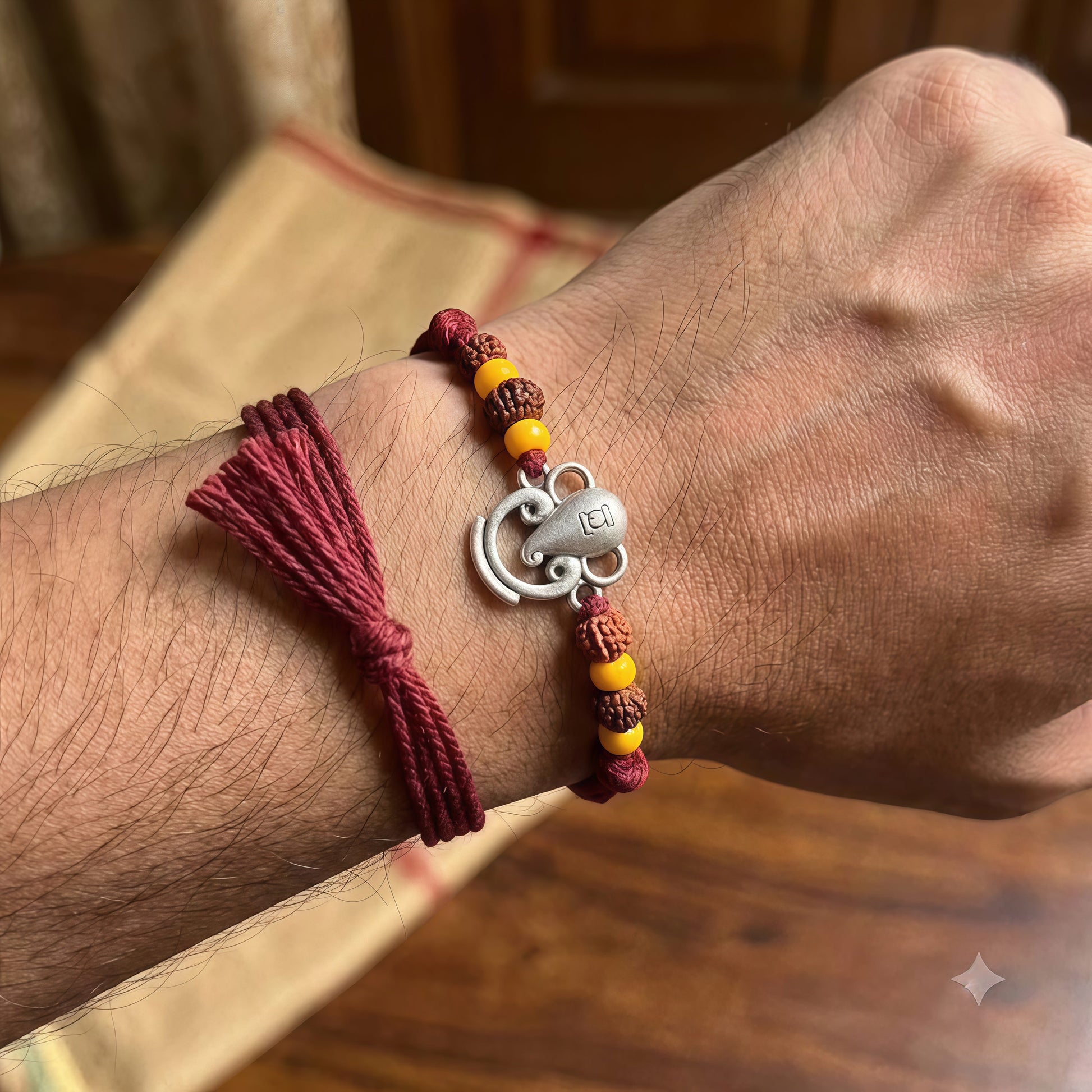 Om Lotus Rudraksha Rakhi - Sacred Silver Rakhi with Rudraksha beads